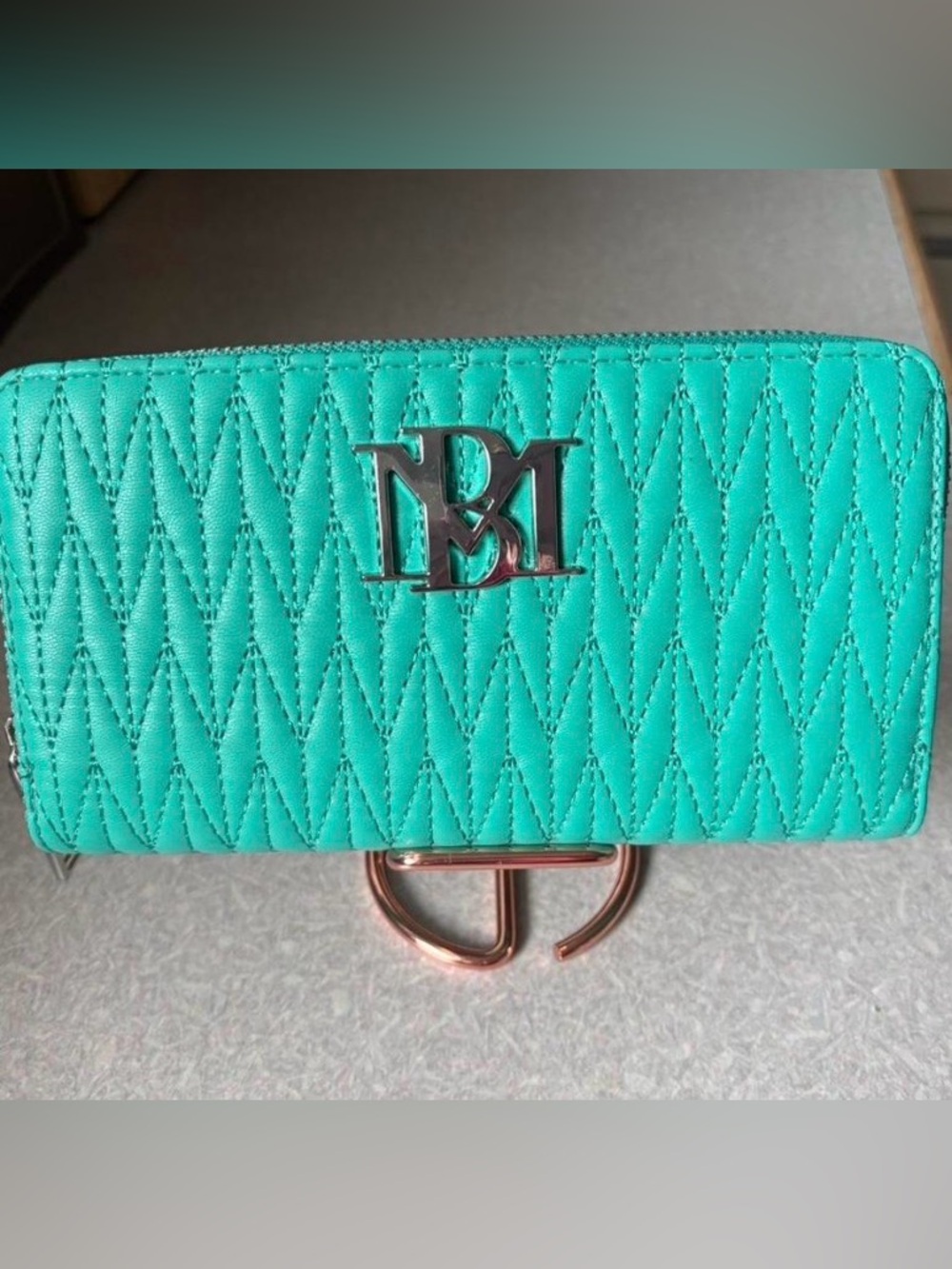 Badgley  Mischka Quilted Teal Wallet  with Metal Monogram